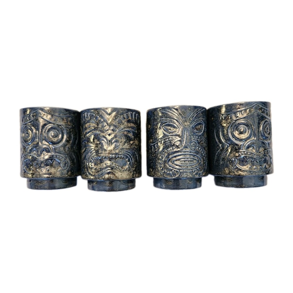 Vtg Set of 4 Tiki Mug Glass Cup Dark Blue Metallic Glaze Glossy Hawaiian Beach